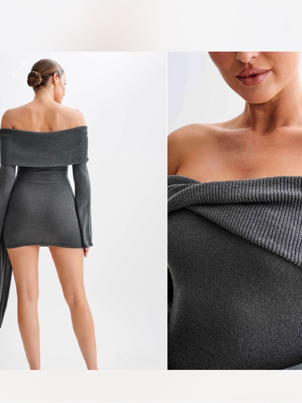 MESHKI Camryn Gray Knit Off the Shoulder Mini Dress Wrap Tie Waist Bell Sleeve S